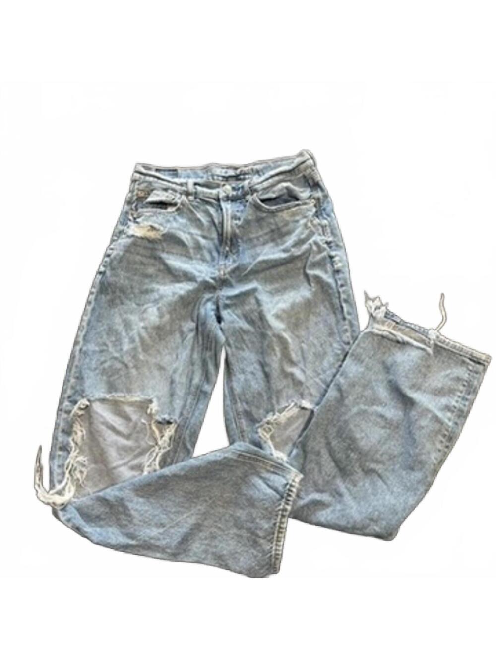 AE Highest rise baggy straight Light Wash Distressed Ripped Jeans